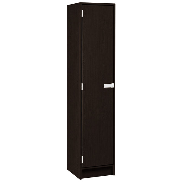 A tall dark wood cabinet with a door and two shelves.