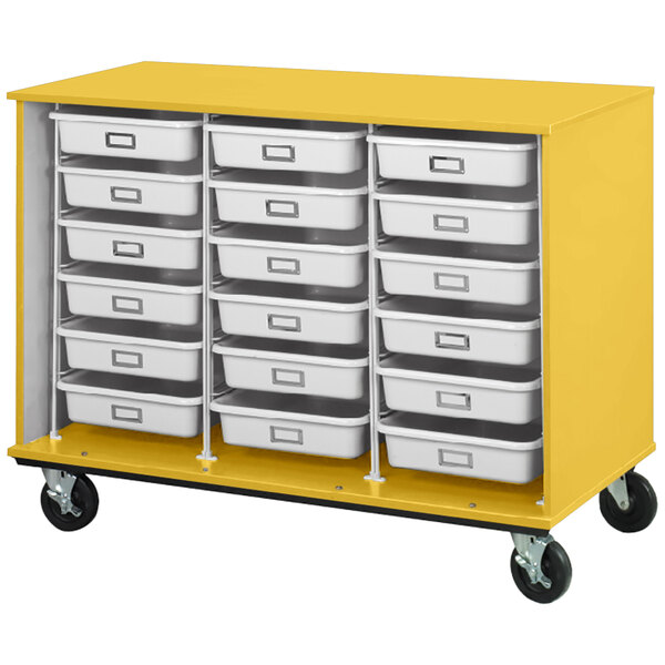 A yellow I.D. Systems storage cart with white trays on shelves.