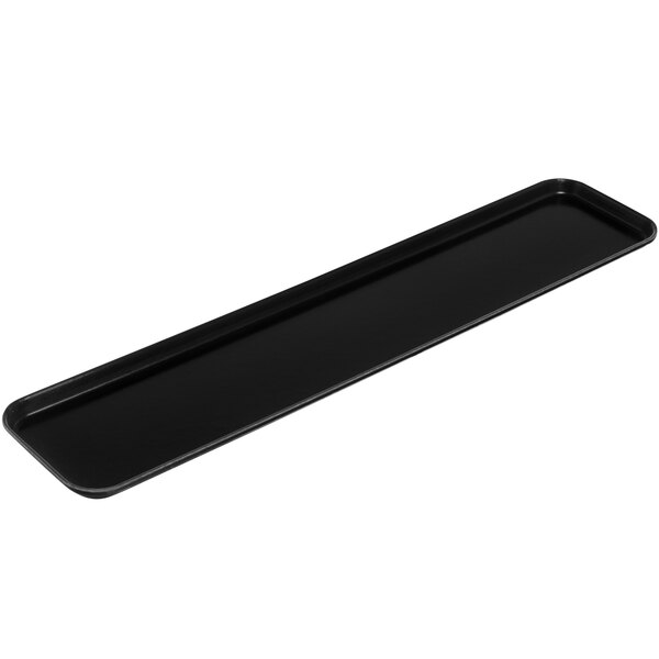 A long black rectangular Carlisle market tray with a handle.