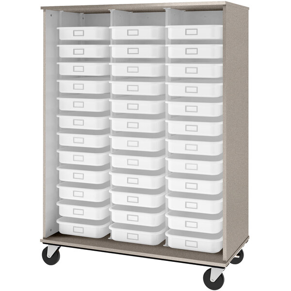 An I.D. Systems mobile open storage cabinet with grey shelves holding white plastic bins.