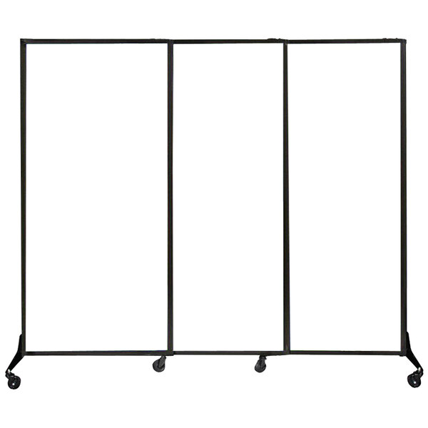 A Versare opal poly sliding room divider with wheels.