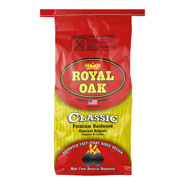 A red and yellow bag of Royal Oak Premium Ridge Charcoal Briquettes with a red label.