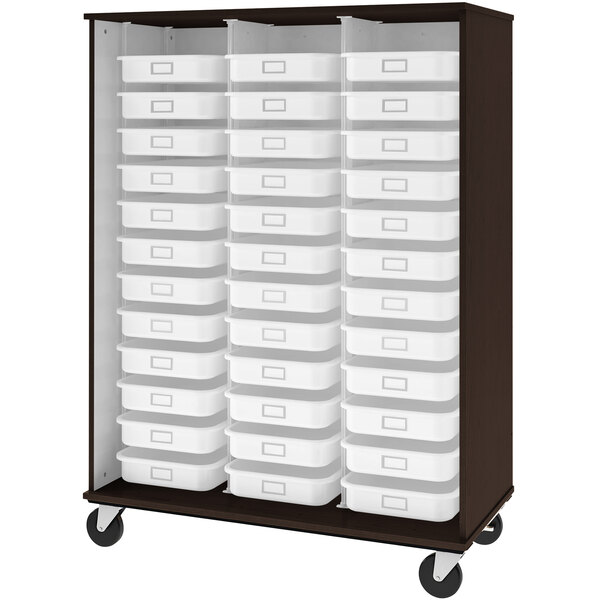 A tall midnight maple storage cabinet with white plastic bins on shelves.