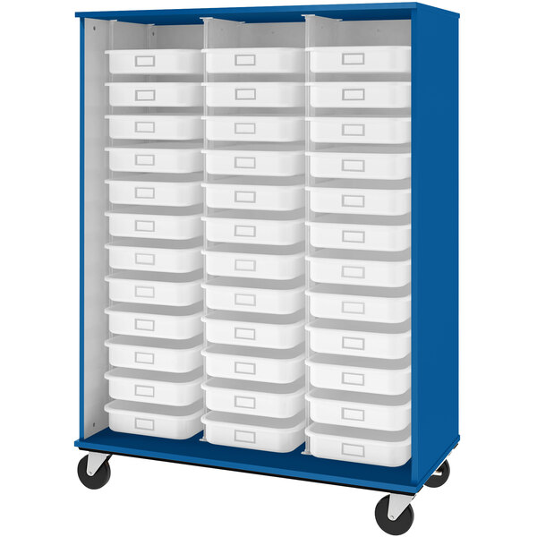 A royal blue I.D. Systems mobile storage cabinet with white trays.