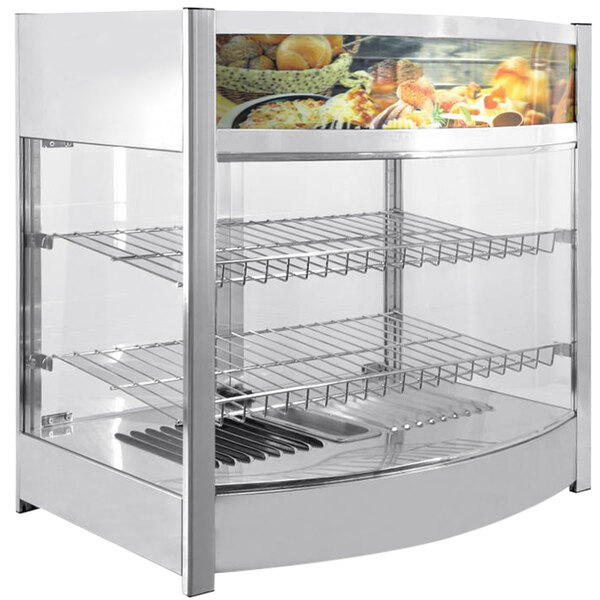 An Omcan Elite hot display case with food on it.