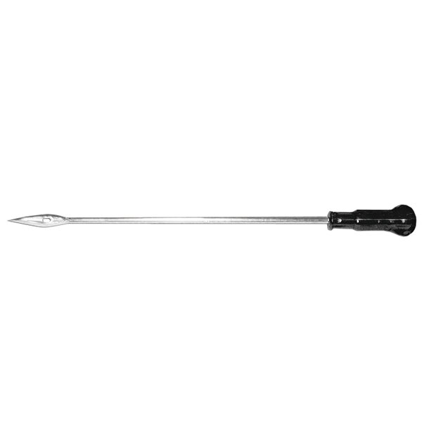 A long stainless steel needle with a black handle.