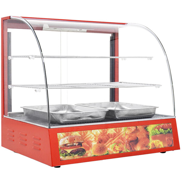 An Omcan red countertop food warmer with a curved glass door and trays inside.