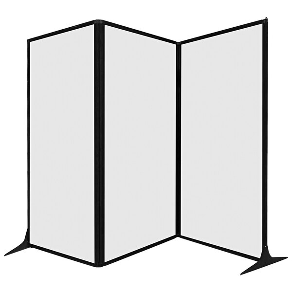 A white room divider with a black frame.