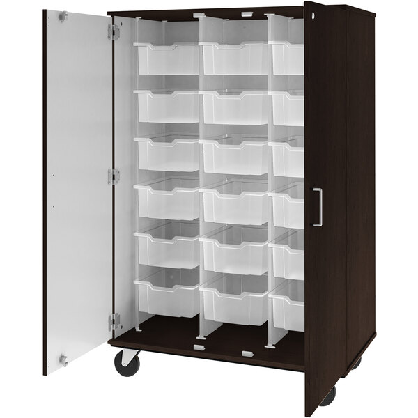A black storage cabinet with white bins inside.