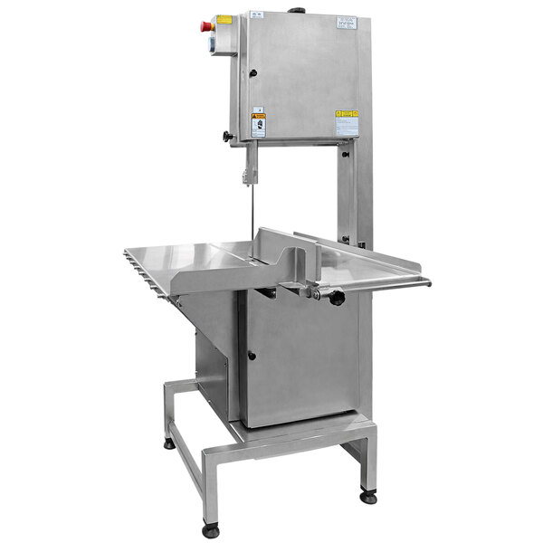An Omcan vertical band saw for meat and bone with a table.