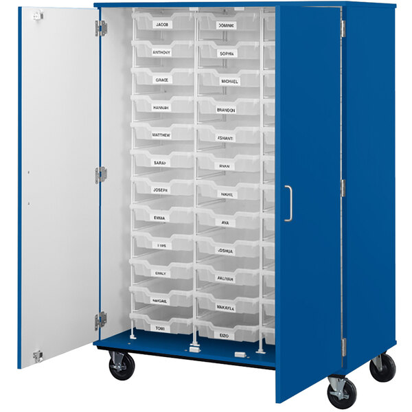 A royal blue I.D. Systems storage cabinet with blue and white bins.