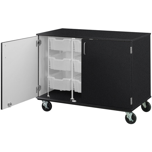 An I.D. Systems black mobile storage cabinet with open bins.