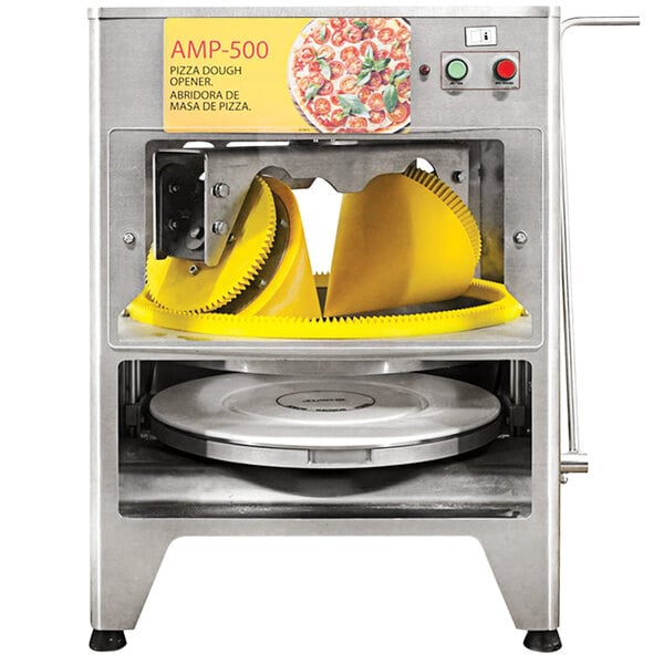 An Omcan pizza dough former with yellow gears.