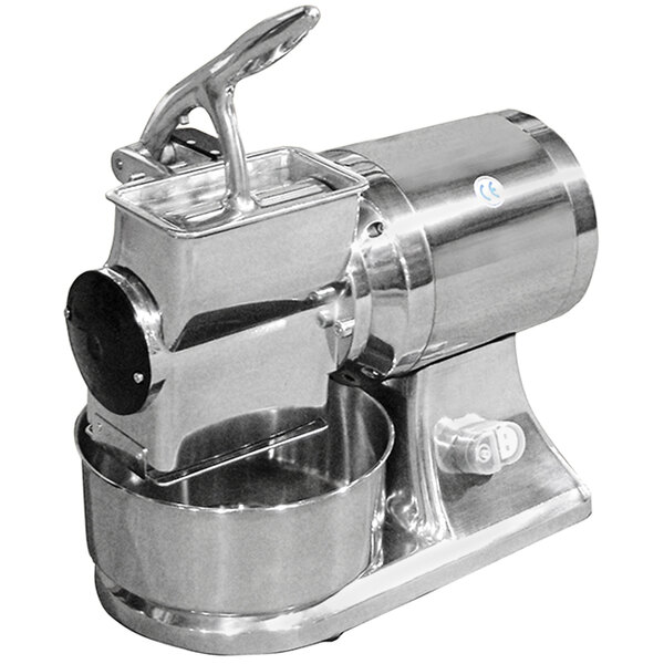 A silver Fama Electric Hard Cheese Grater with a round container.