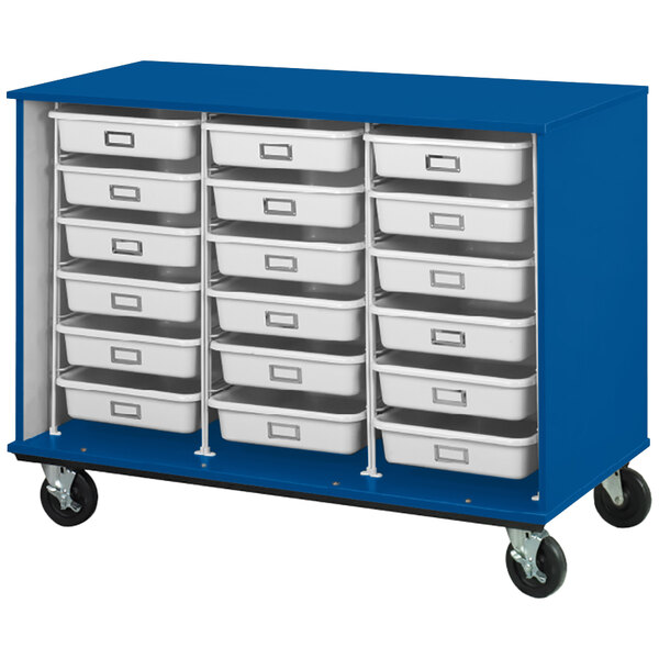A royal blue I.D. Systems storage cart with white bins on the shelves.
