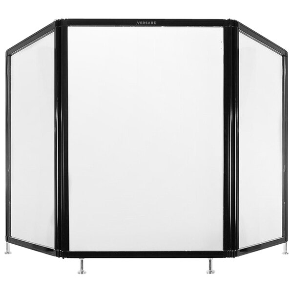 A clear polycarbonate countertop screen with black frames.