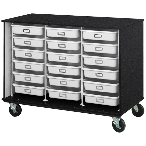 A black mobile storage cabinet with white plastic bins on shelves.
