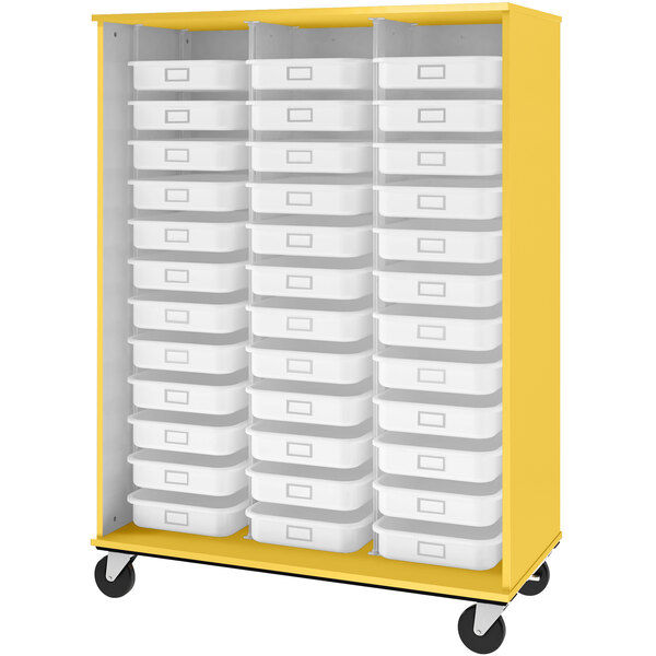 A sun yellow I.D. Systems storage cabinet with white bins on black wheels.