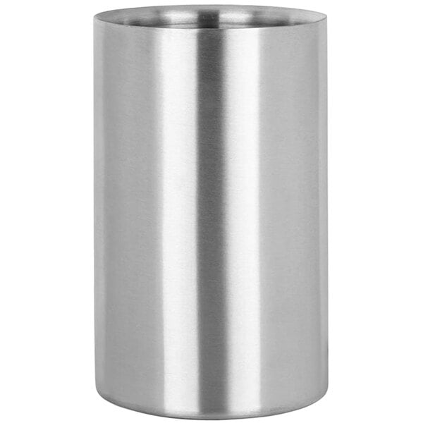 A silver stainless steel Libbey wine cooler cylinder.