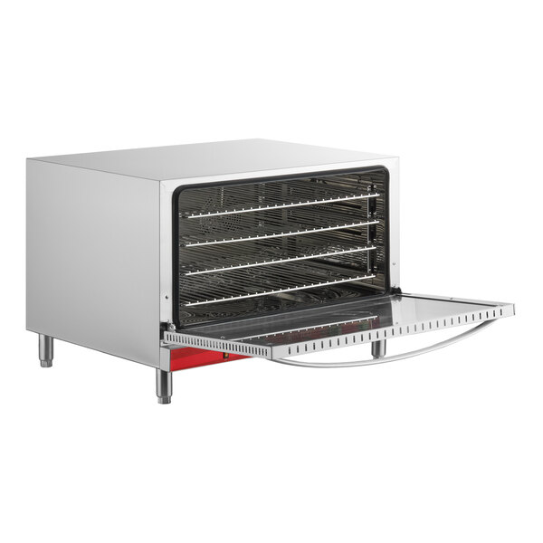 A stainless steel countertop convection oven with an open front door and multiple wire racks inside.