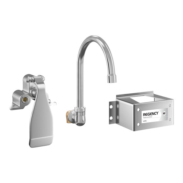 Three metallic plumbing components are shown: a gooseneck faucet, a knee-operated valve, and a rectangular wall-mount bracket.