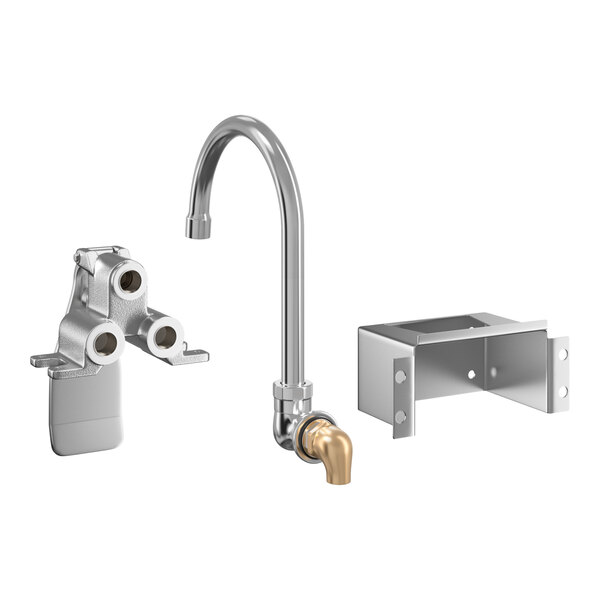 Three metal plumbing components are shown, including a gooseneck spout, a valve assembly, and a mounting bracket.
