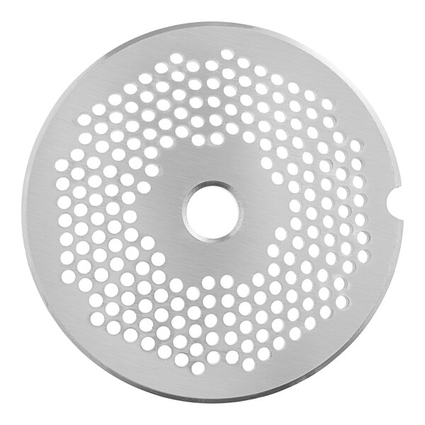 A stainless steel circular grinder plate with holes.