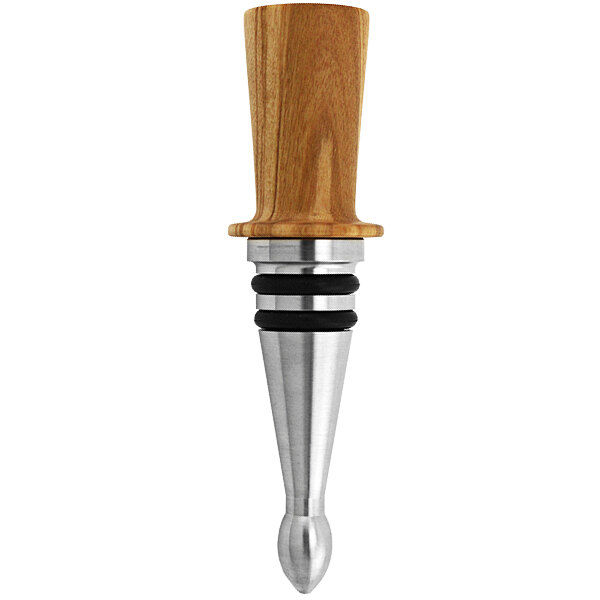 A Laguiole olivewood wine bottle stopper with a metal cone stopper.