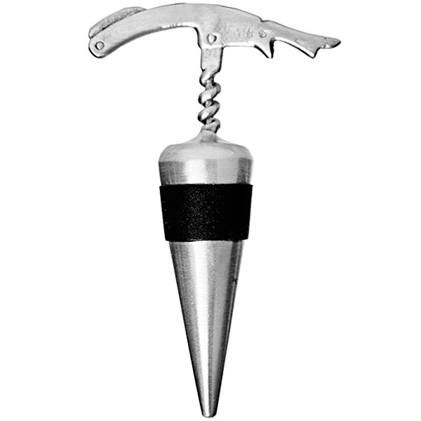 A Franmara stainless steel corkscrew with a black rubber band and decorative tip.