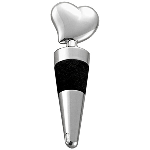 A silver and black Franmara heart-shaped bottle stopper with a black leather handle.