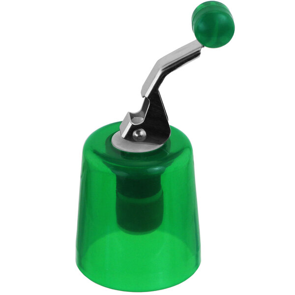 A green plastic bell with a metal handle.