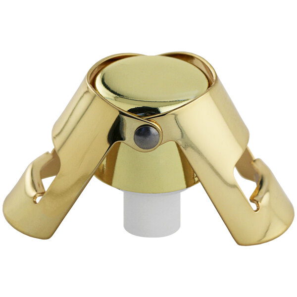 A gold-colored stainless steel Franmara champagne stopper with two holes and a black handle.