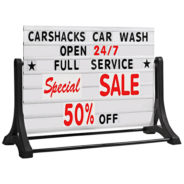 A white Aarco letterboard panel for an A-Frame sign with black letters that say "Car Wash Sale"