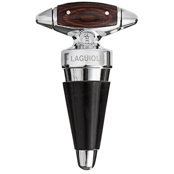 A Laguiole stainless steel cone wine bottle stopper with a wooden handle.