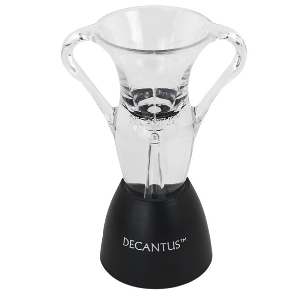A Decantus wine aerator with two handles on a black base.
