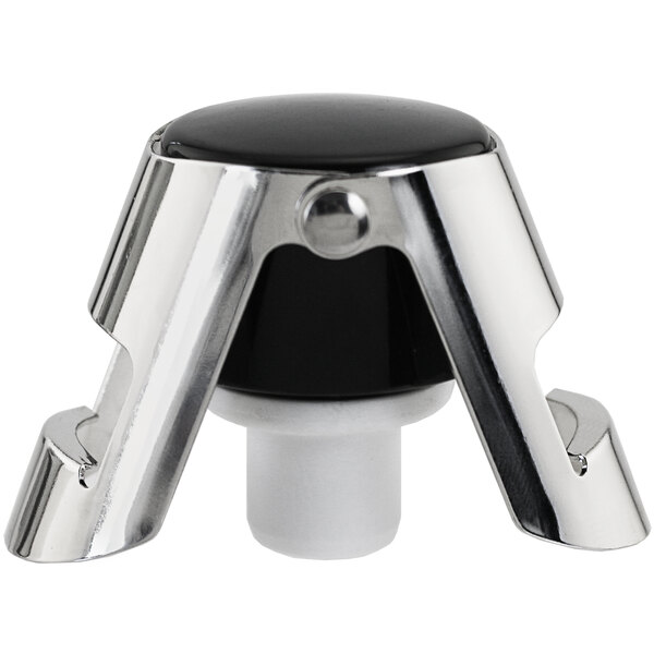 A close-up of a Franmara black and chrome bottle stopper.