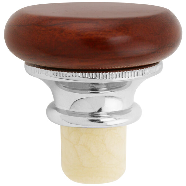 A Franmara plastic wine stopper with a flat rosewood top in a white and brown finish.