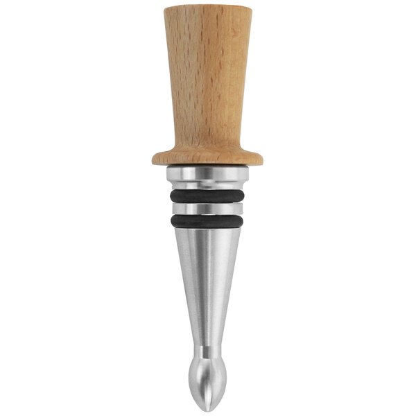 A Laguiole beechwood wine bottle stopper with a metal cone.