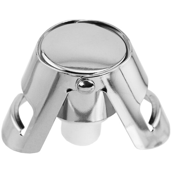 A silver nickel-plated Franmara champagne stopper with two handles and a chrome metal knob.