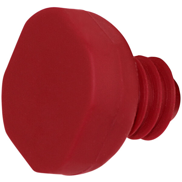 A red hexagon shaped bottle stopper with a red plastic top.