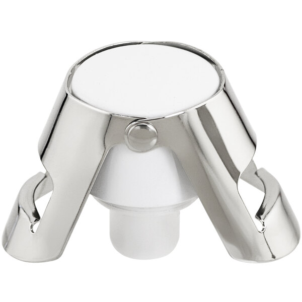 A Franmara white and silver champagne stopper with a metal holder.