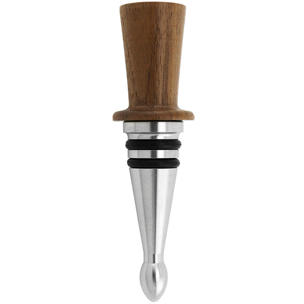A Laguiole wine bottle stopper with a walnut cone handle.