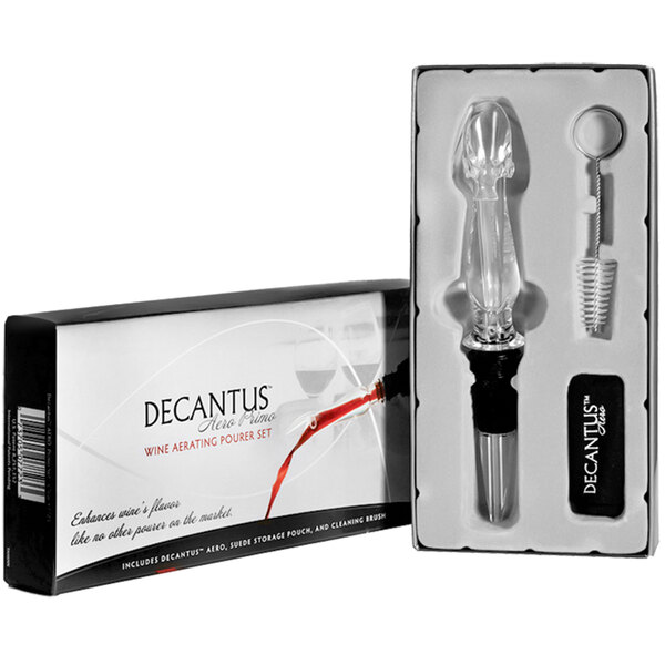 The black and white package of a Decantus Aero Primo Wine Pourer and Aerator set with a clear wine pourer and a glass.