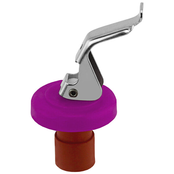 A close-up of a Franmara Italia purple wine bottle stopper with a metal lever.