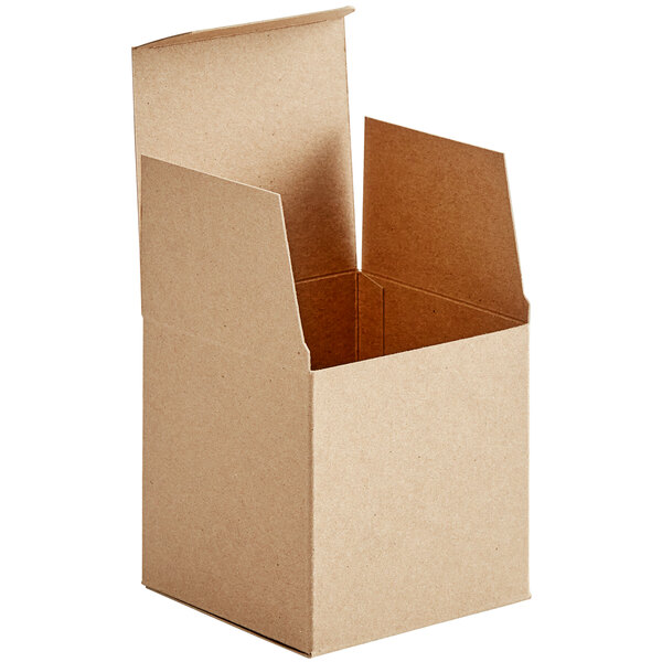 A kraft cardboard box with an open lid.