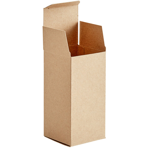 A brown cardboard Lavex reverse tuck carton with a lid open.