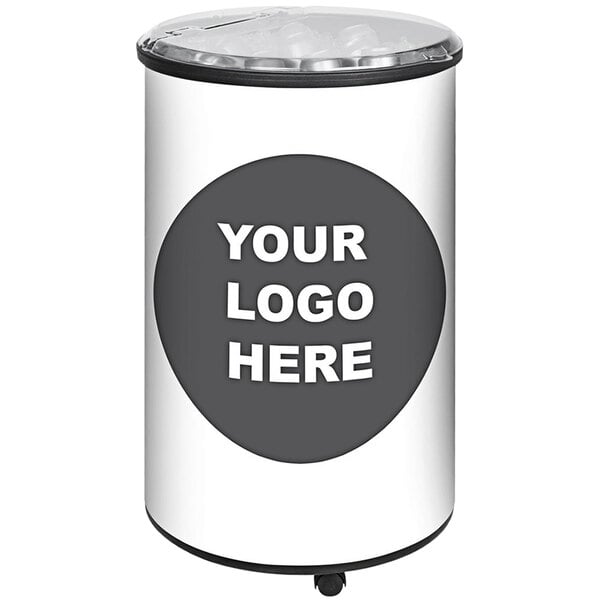 A white and black round barrel cooler with a logo on it.