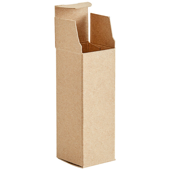 A close-up of a brown Lavex Kraft reverse tuck carton with a hole in the top.