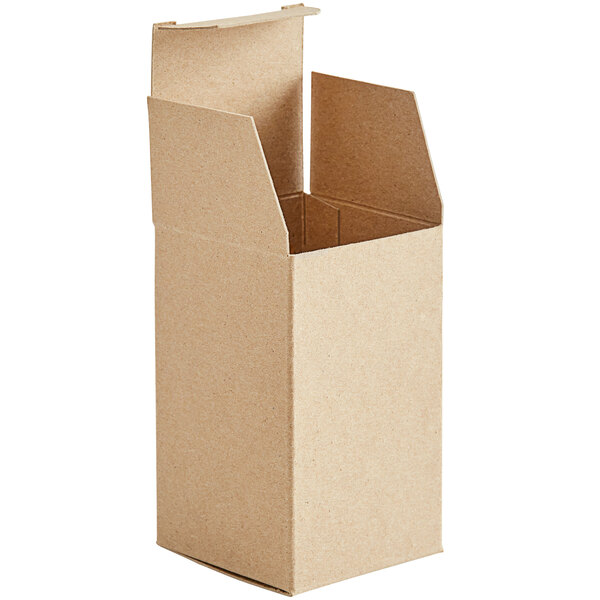 A brown cardboard Lavex Kraft reverse tuck carton with a lid open.