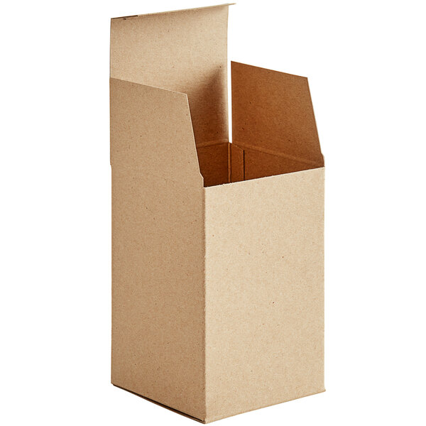 A brown cardboard box with a lid open.